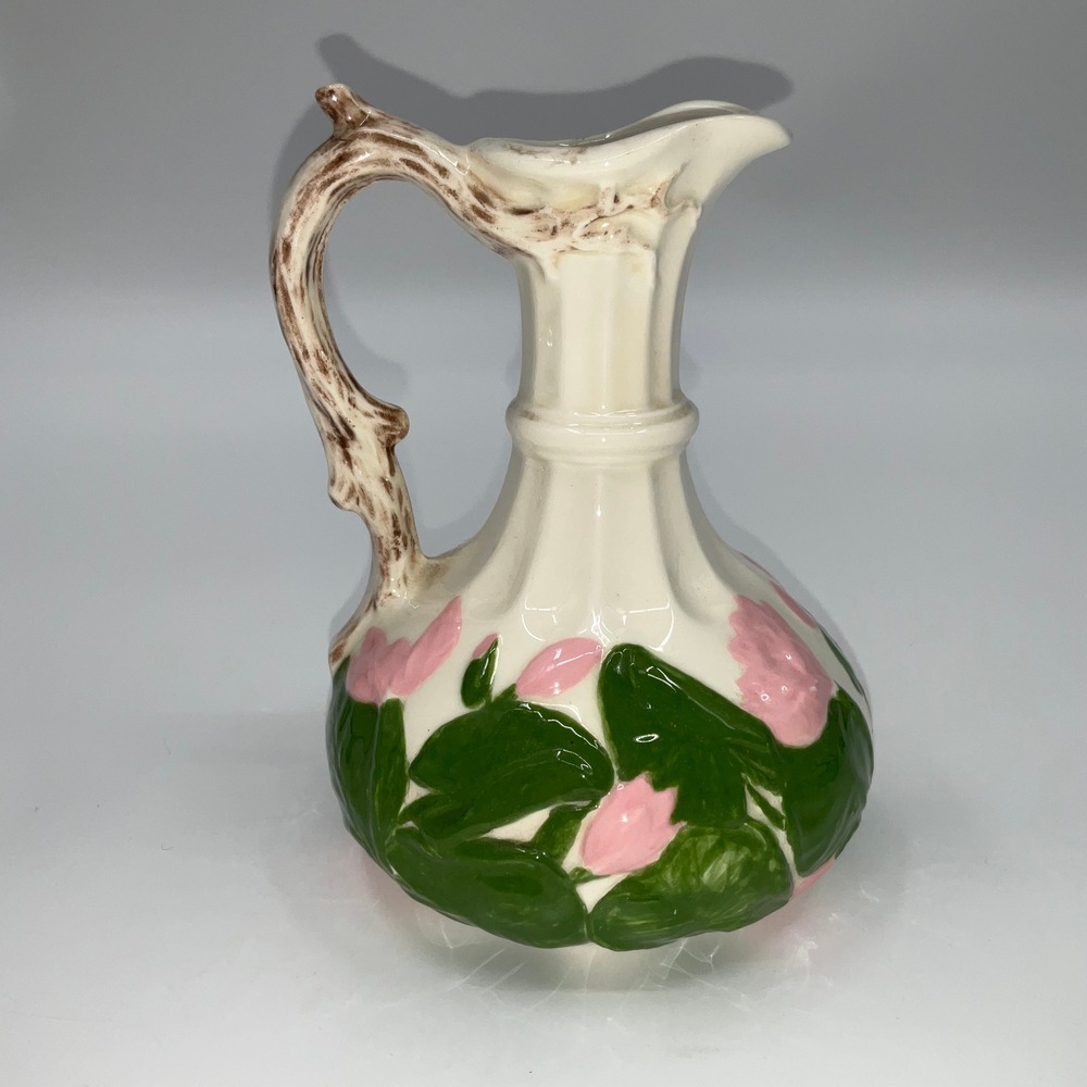 Vtg 1973 Ceramic Floral Pitcher Hand Painted Flower Branch Handle Cottagecore